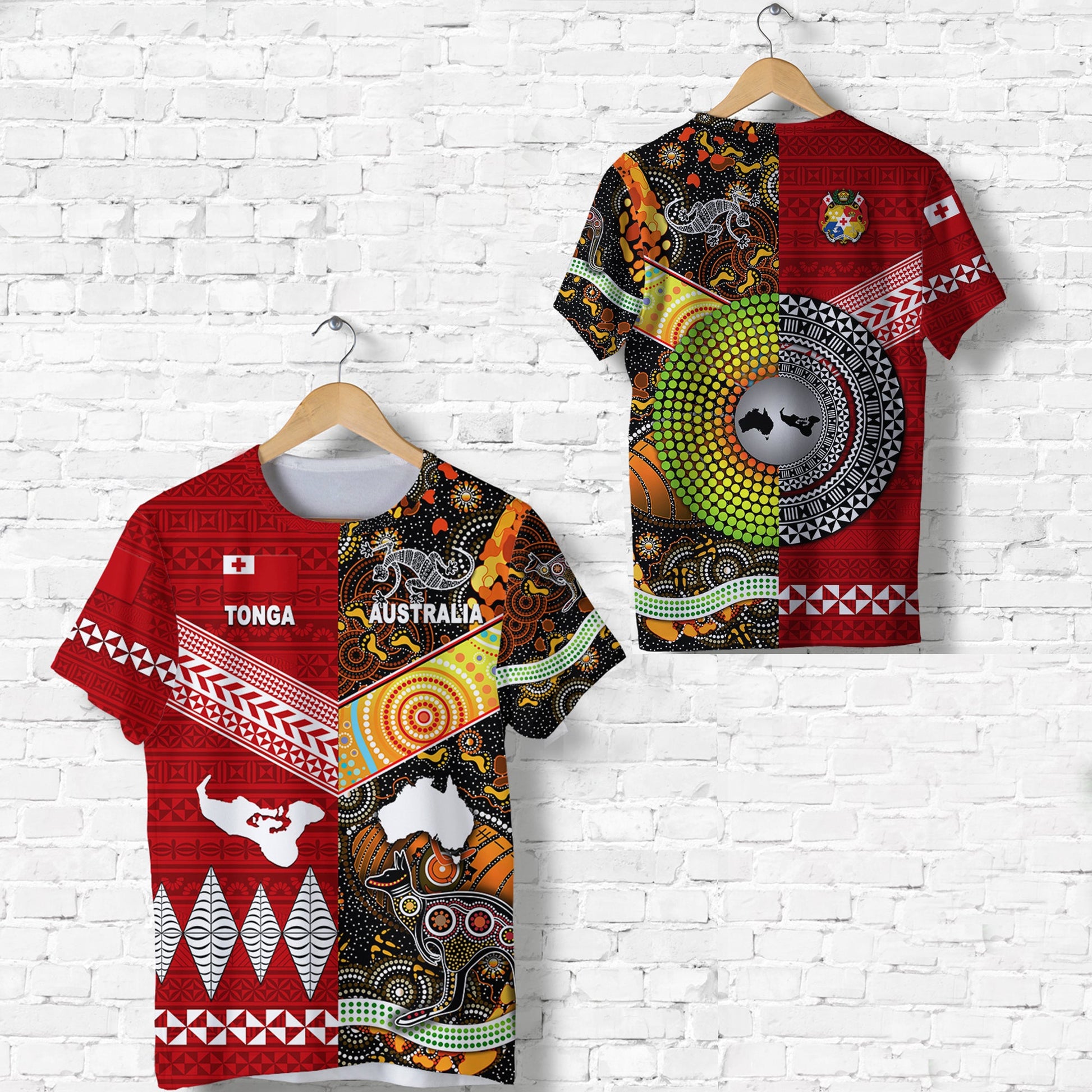 Tonga Ngatu And Australia Aboriginal T Shirt Together