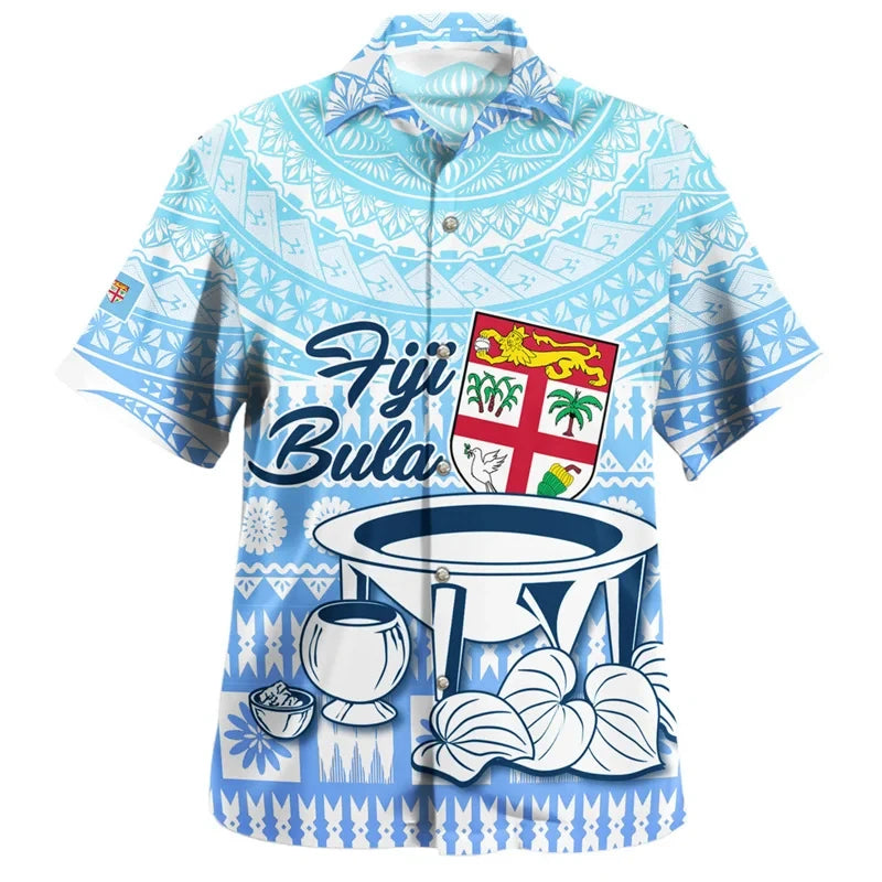 Fiji Bula Hawaiian Shirt Polynesian Tribal Pattern Fiji Coat Of Arms Short Sleeve Shirt