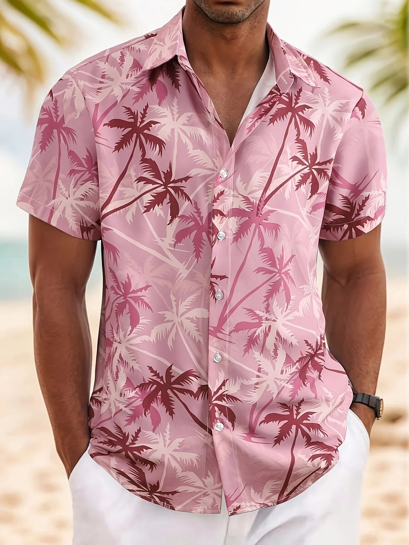 Palm Tree Pink Hawaiian ShirtTropical Island Summer Printed Short Sleeve Shirt