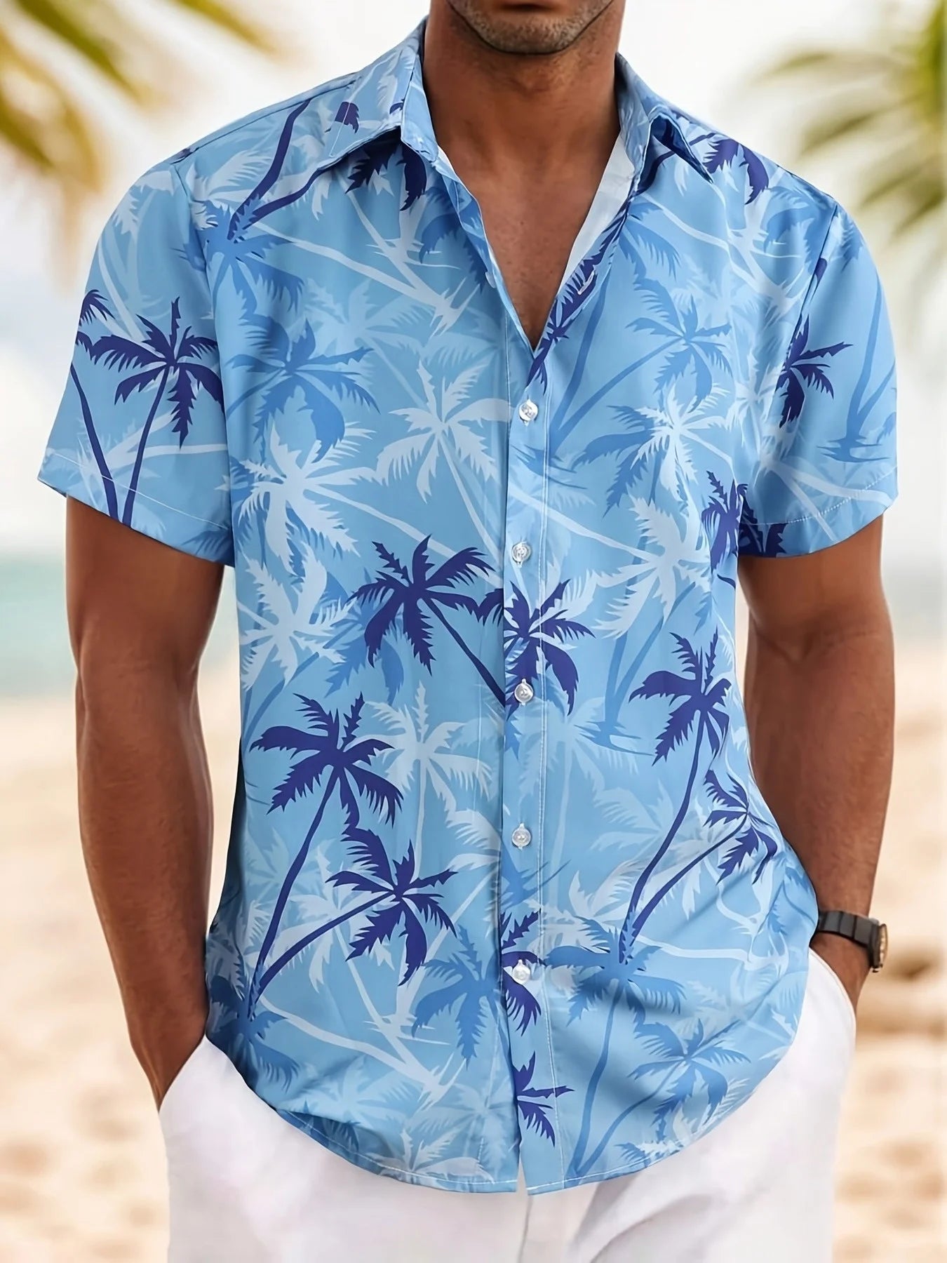 Palm Tree Blue Hawaiian ShirtTropical Island Summer Printed Short Sleeve Shirt