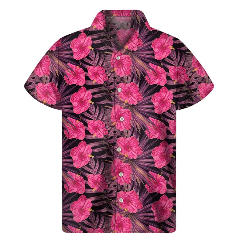 Island Pink Flowers Tropical Printed Hawaiian Shirt Island Summer Aloha Short Sleeve Shirt