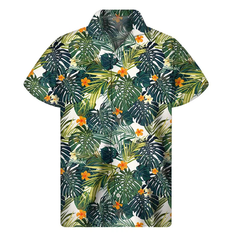 Island Flower Leaf Pattern Summer Hawaiian Shirt Tropical Island Summer Printed Short Sleeve Shirt