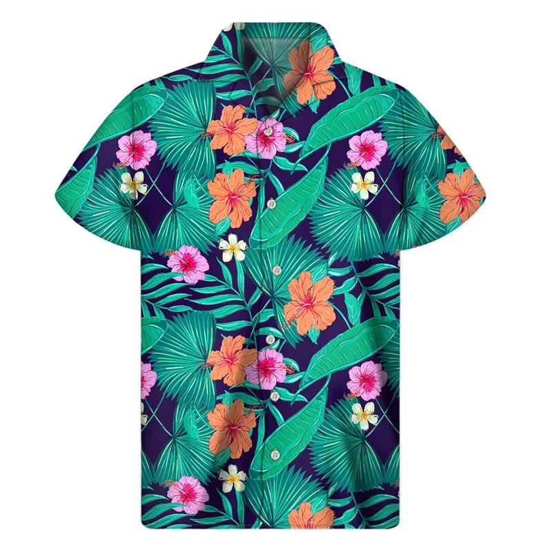 Island Floral Pattern Summer Hawaiian Shirt Tropical Island Summer Printed Short Sleeve Shirt