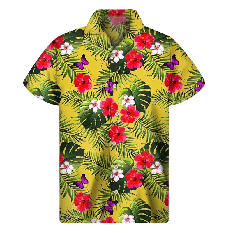 Island Flowers Pattern Summer Hawaiian Shirt Tropical Island Summer Printed Short Sleeve Shirt