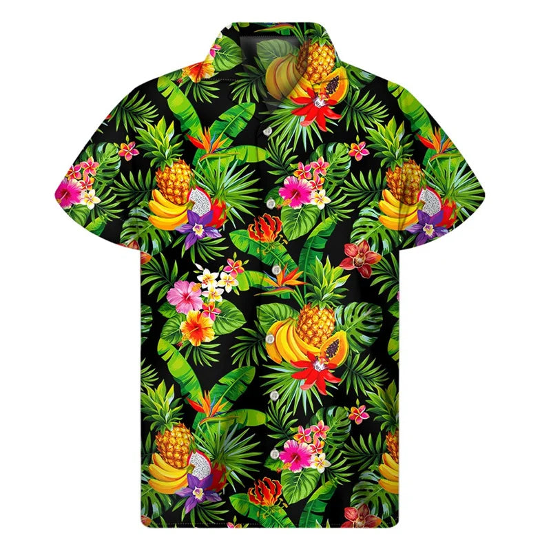 Island Fruits Pattern Summer Hawaiian Shirt Tropical Island Summer Printed Green Short Sleeve Shirt