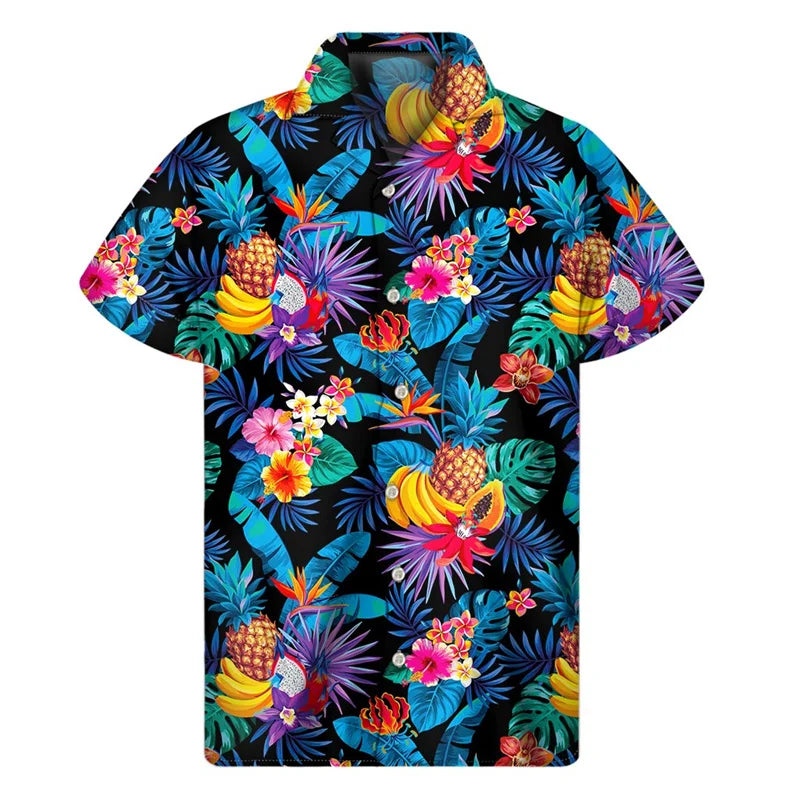 Island Fruits Pattern Summer Hawaiian Shirt Tropical Island Summer Printed Short Sleeve Shirt