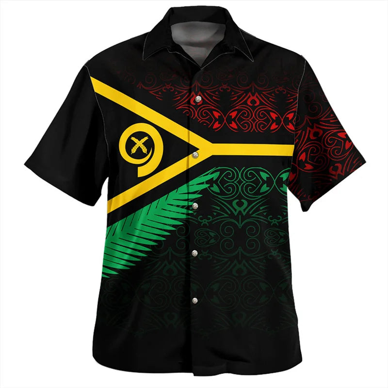 Vanuatu Flag Hawaiian Shirt Polynesian Tribal Pattern Short Sleeve Shirt