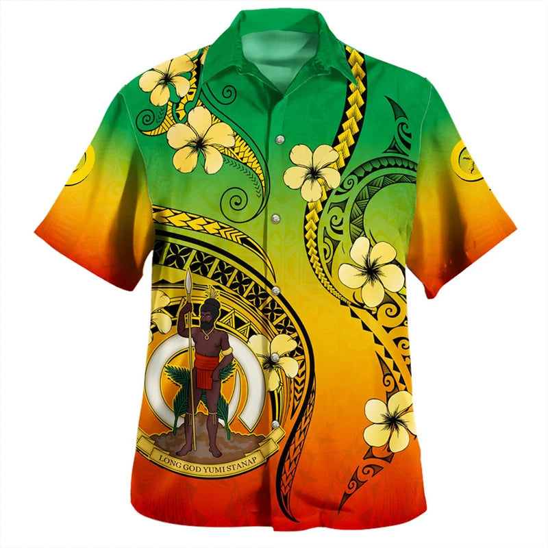 Vanuatu Flag Hawaiian Shirt Polynesian Tribal Long God Yumi Stanap Flowers Polynesian Tribal Pattern Printed Short Sleeve Shirt