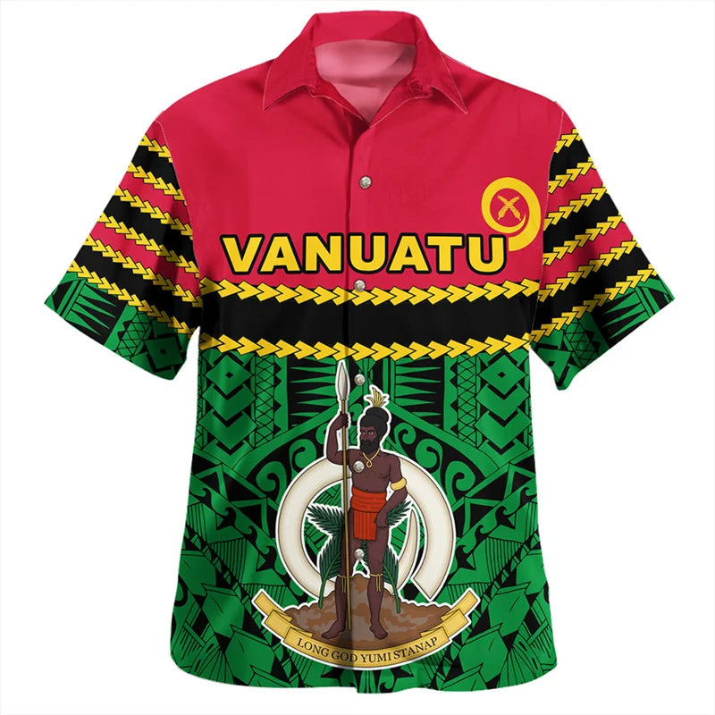 Vanuatu Flag Hawaiian Shirt Polynesian Tribal Long God Yumi Stanap Polynesian Tribal Pattern Printed Short Sleeve Shirt