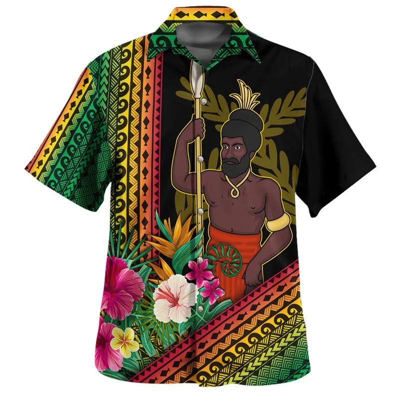 Vanuatu Hawaiian Shirt Polynesian Tribal Pattern Hibiscus Flowers Printed Short Sleeve Shirt
