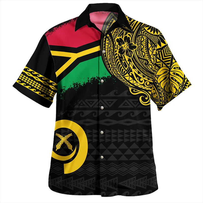 Vanuatu Hawaiian Shirt Polynesian Tribal Pattern Flowers Printed Short Sleeve Shirt