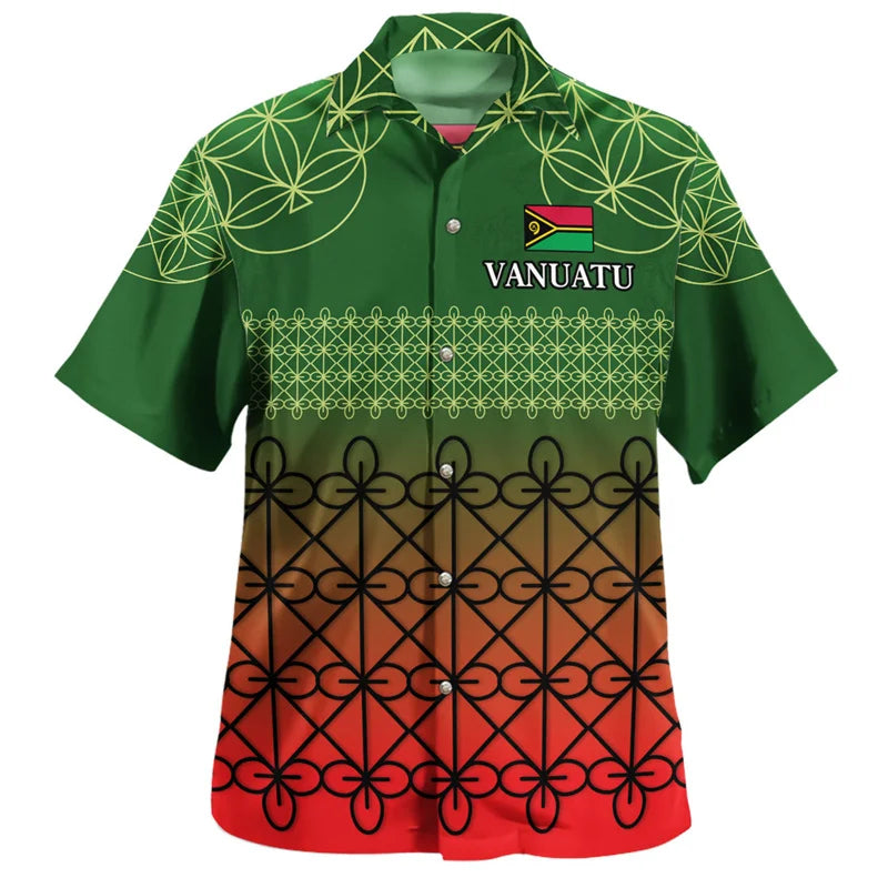 Vanuatu Hawaiian Shirt Polynesian Tribal Pattern Green Printed Short Sleeve Shirt
