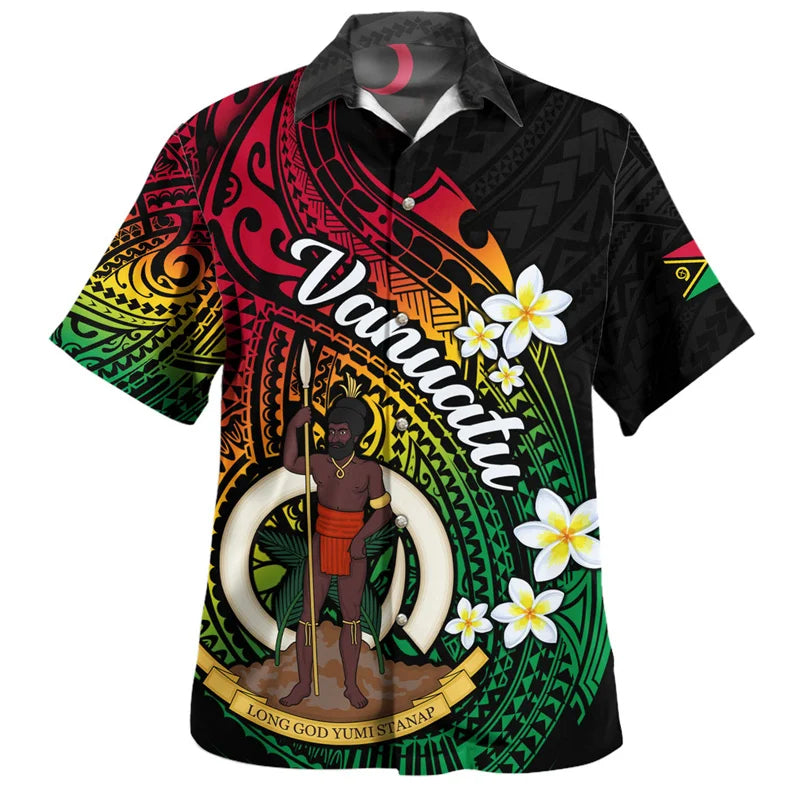 Vanuatu Hawaiian Shirt Polynesian Tribal Pattern Plumeria Flowers Short Sleeve Shirt