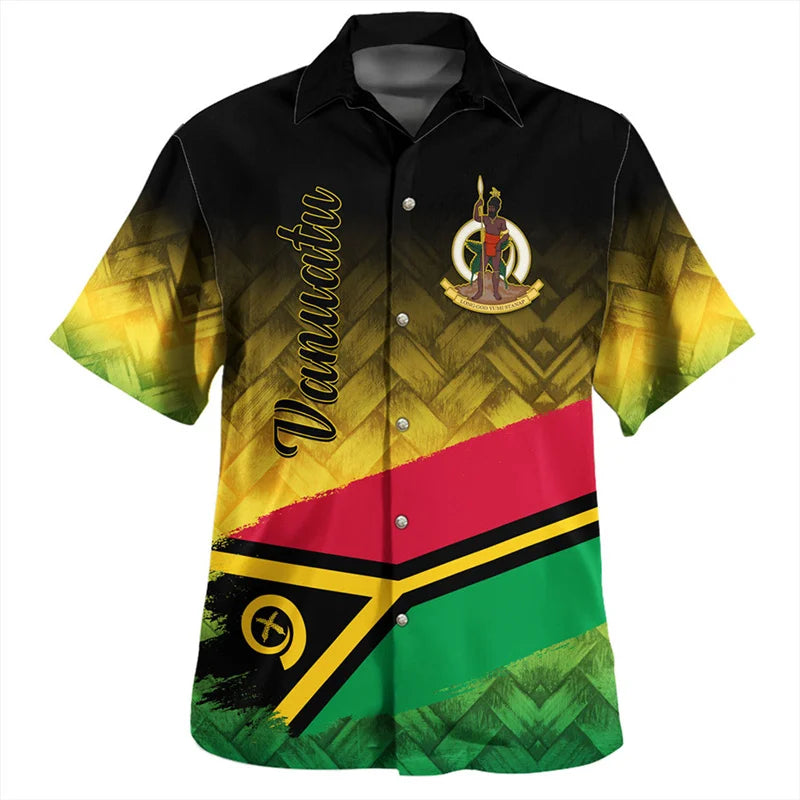 Vintage Vanuatu Coat Of Arms Hawaiian Shirt Polynesian Tribal Island Pattern Short Sleeve Shirt
