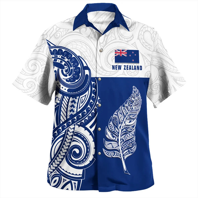 New Zealand Maori Silver Fern Rugby Flag Shirts NZ Polynesian Pattern Short Sleeve Shirt