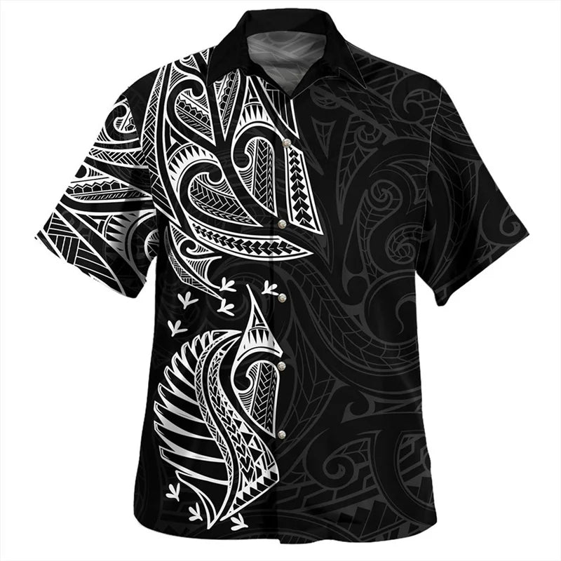 New Zealand Maori Silver Fern Rugby Flag Shirts Black Polynesian Short Sleeve Shirt