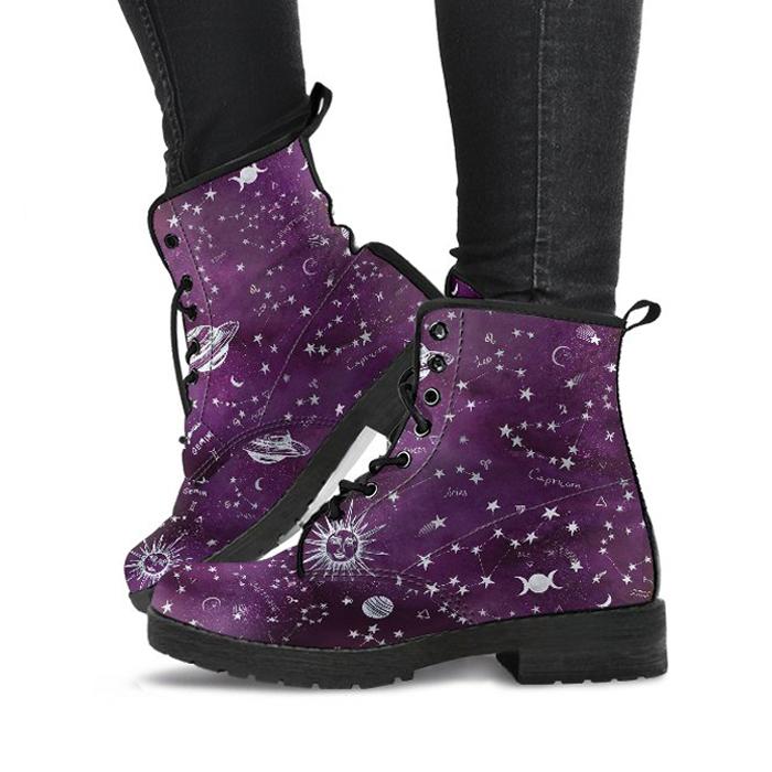 Celticone Women's Leather Boot - Purple Astrology Map Pagan Boots