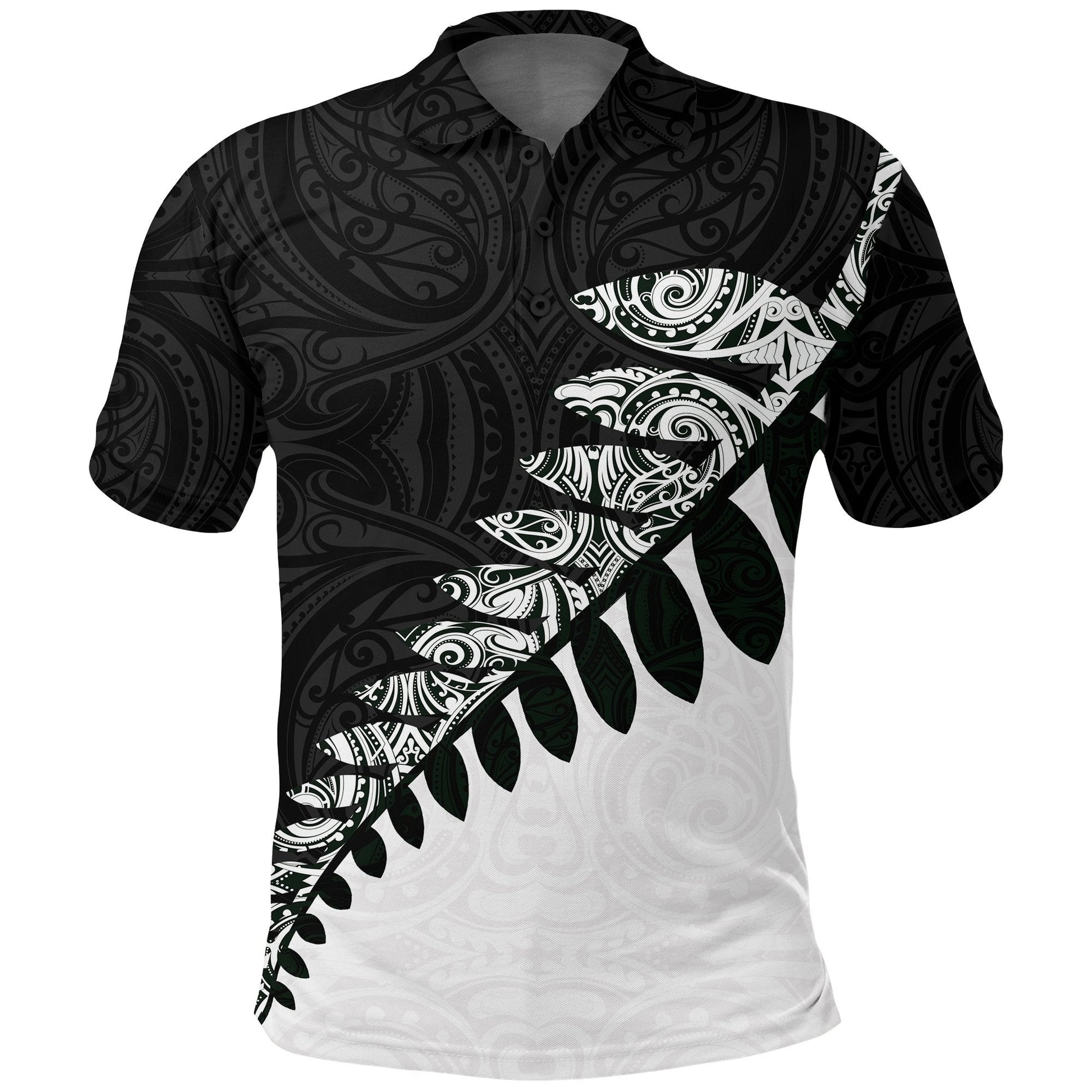 New Zealand Polo Shirt, Maori Silver Fern Black White