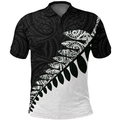 New Zealand Polo Shirt, Maori Silver Fern Black White