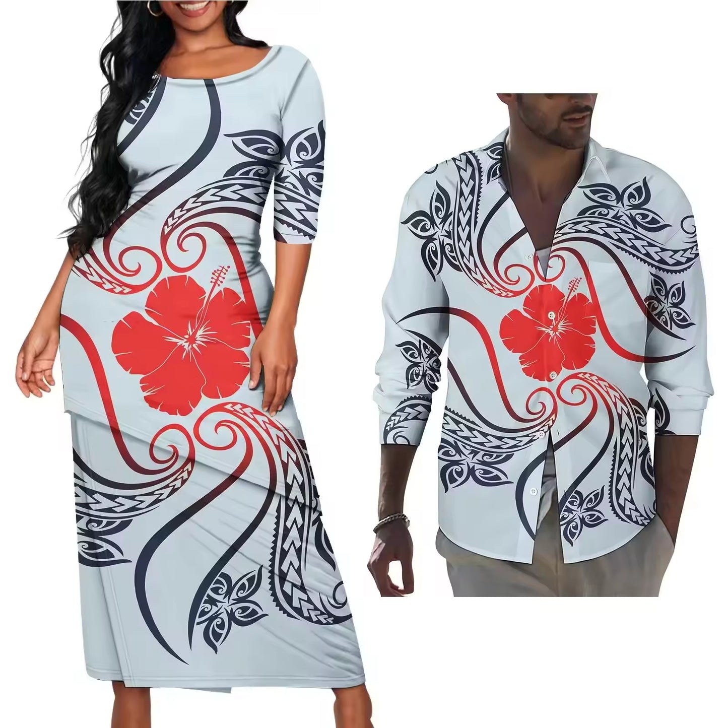 Vintage Polynesian Hibiscus Flowers Pattern Couple Matching Outfit Polynesian Tribal Blue Puletasi Dress Men's Long Sleeve Button Shirt