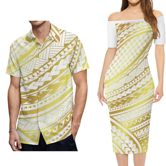 Yellow Polynesian Tribal Pattern Outfit For Couple Polynesian Island Off Shoulder Lady Short Sleeve Dress And Shirt Party Set