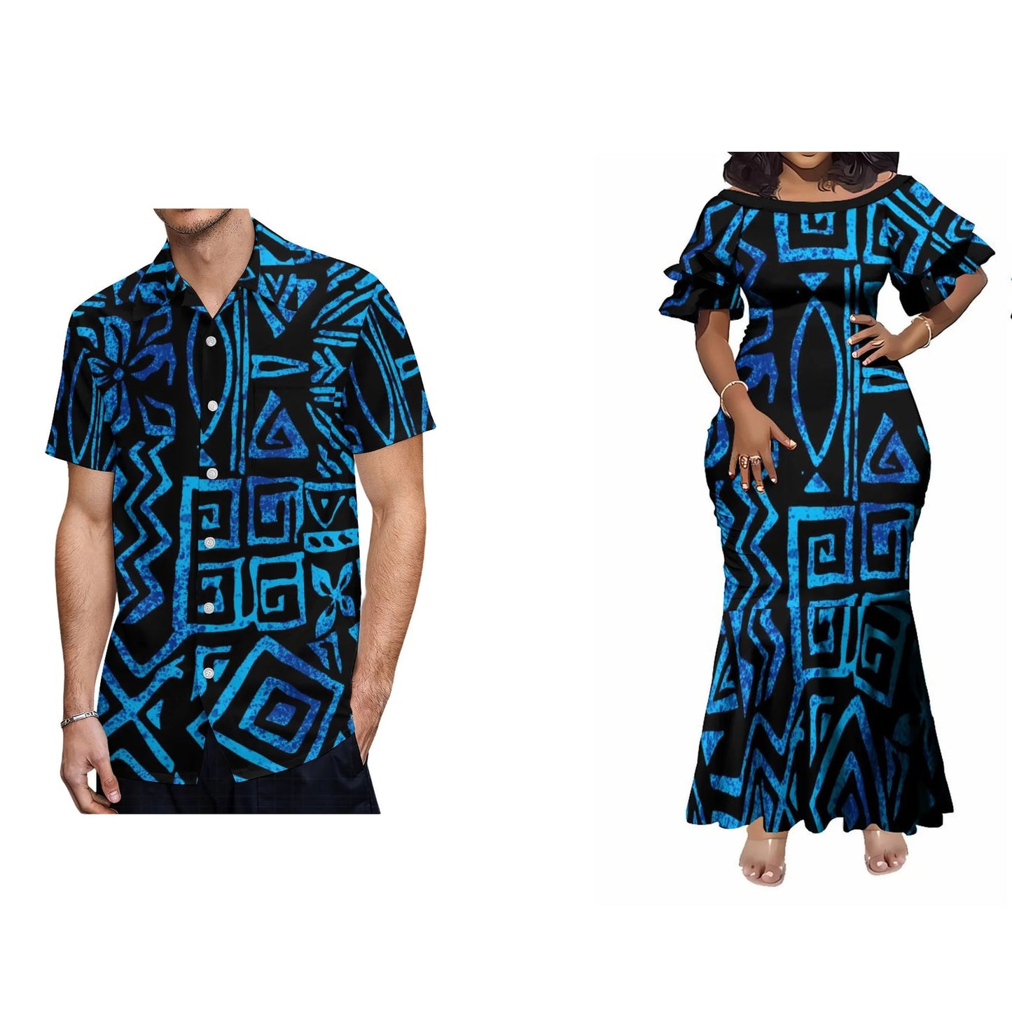 Polynesian Tribal Pattern Blue Matching Outfit Women's Short-Sleeved Mermaid Dress Men Hawaiian Shirt Couple Set For Him Her