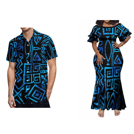 Polynesian Tribal Pattern Blue Matching Outfit Women's Short-Sleeved Mermaid Dress Men Hawaiian Shirt Couple Set For Him Her