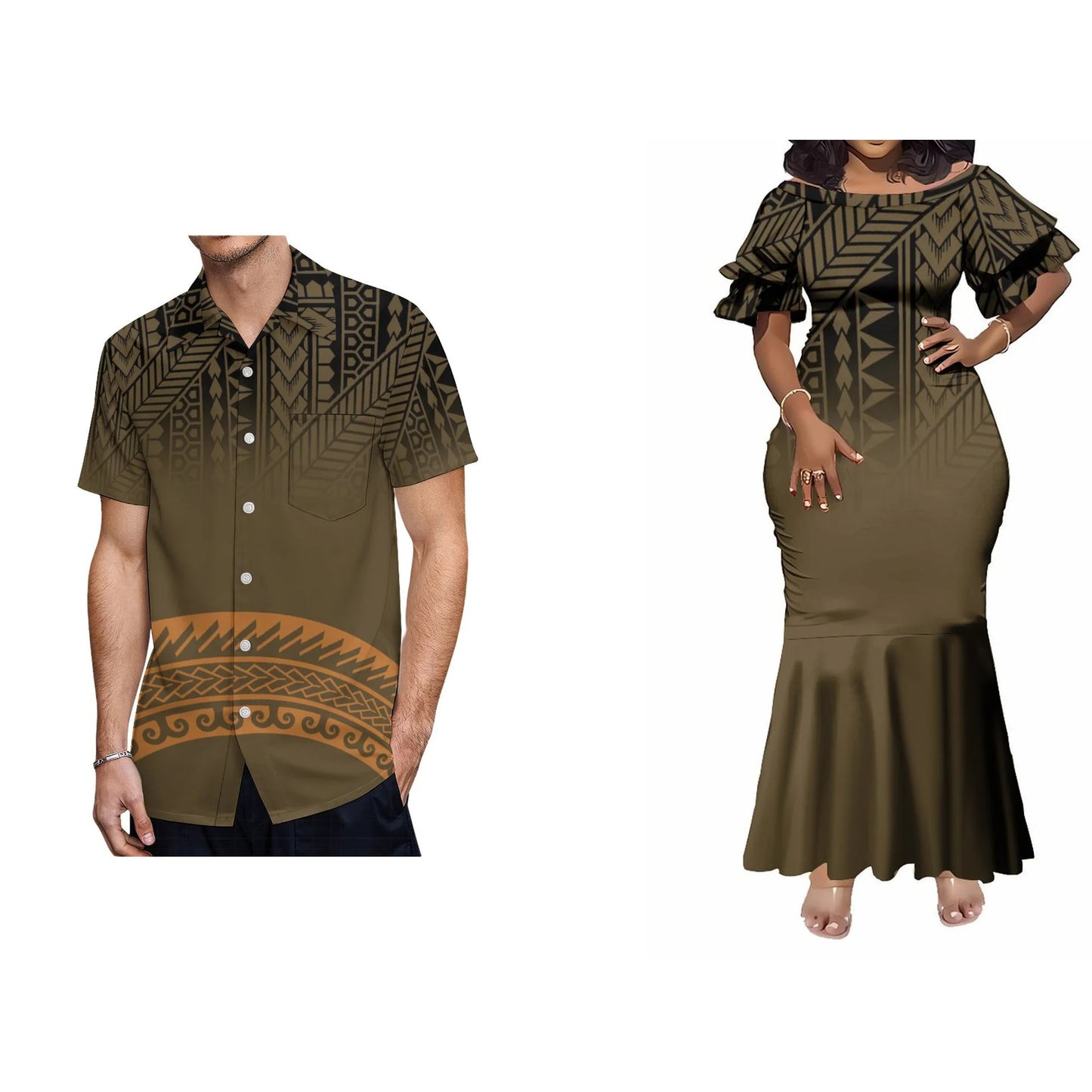 Pacific Island Fishtail Skirt Dress And Shirt Vintage Polynesian Tribal Matching Outfit For Couple