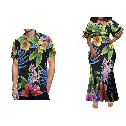 Flowers Polynesian Tribal Printed Matching Couple Wear Fishtail Skirt Dress And Hawaii Shirt Party Dress Outfit