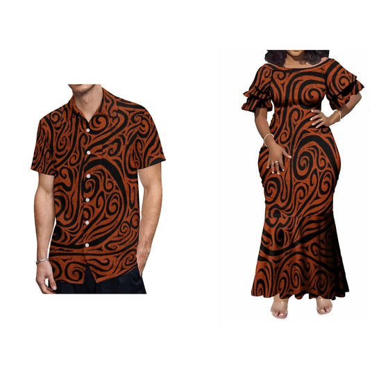 Polynesian Tribal Brown Matching Couple Wear Fishtail Skirt Dress And Hawaii Shirt Party Dress Outfit
