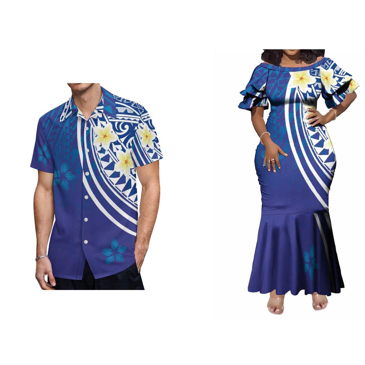 Polynesian Tribal Plumeria Flowers Pattern Matching Couple Wear Fishtail Skirt Dress And Hawaii Shirt Party Dress Outfit