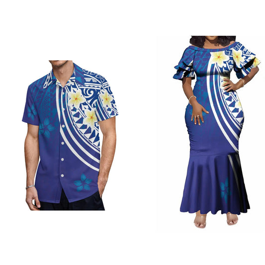 Polynesian Tribal Plumeria Flowers Pattern Matching Couple Wear Fishtail Skirt Dress And Hawaii Shirt Party Dress Outfit