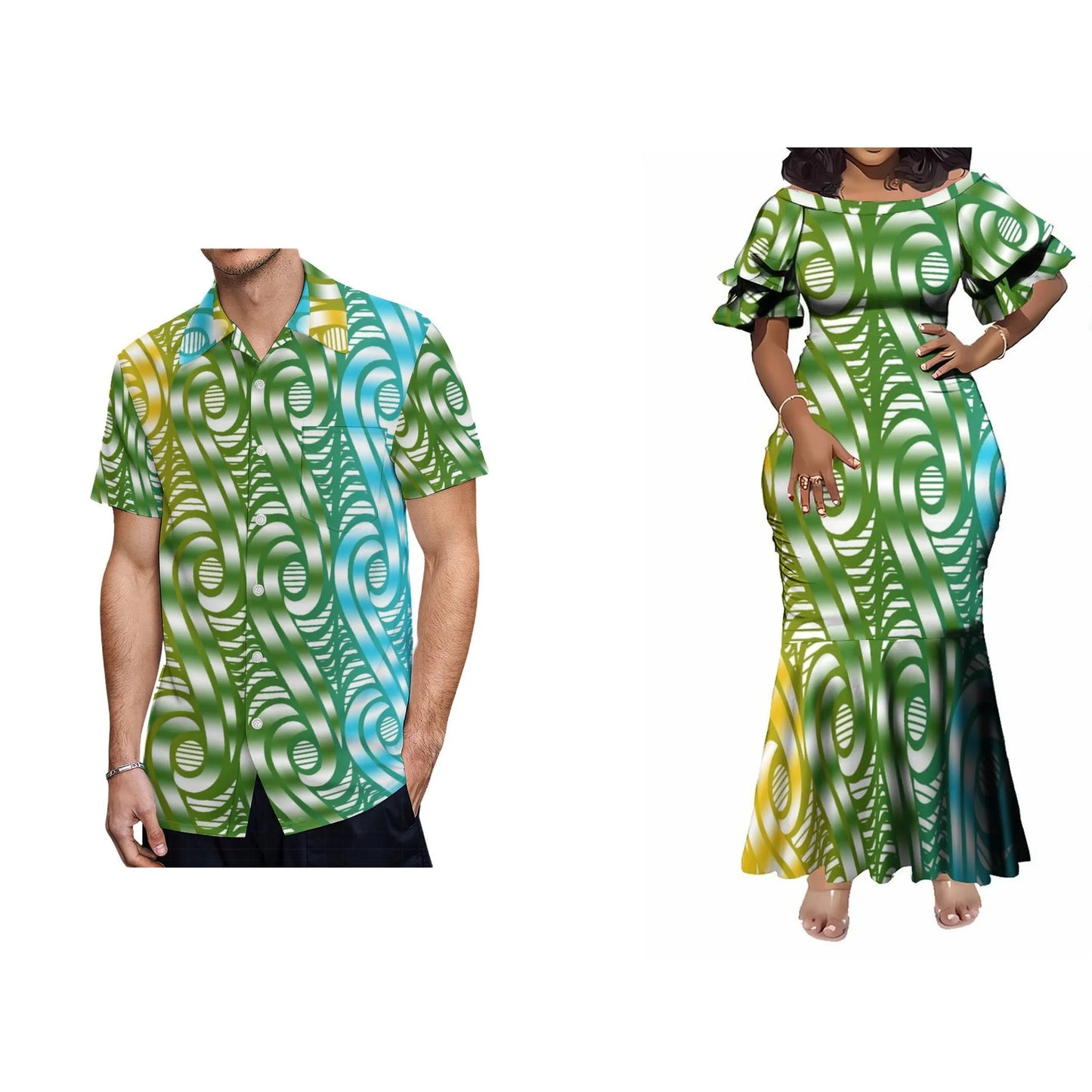 Polynesian Tribal Pattern Green Matching Couple Wear Fishtail Skirt Dress And Hawaii Shirt Party Dress Outfit