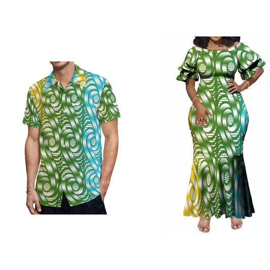 Polynesian Tribal Pattern Green Matching Couple Wear Fishtail Skirt Dress And Hawaii Shirt Party Dress Outfit