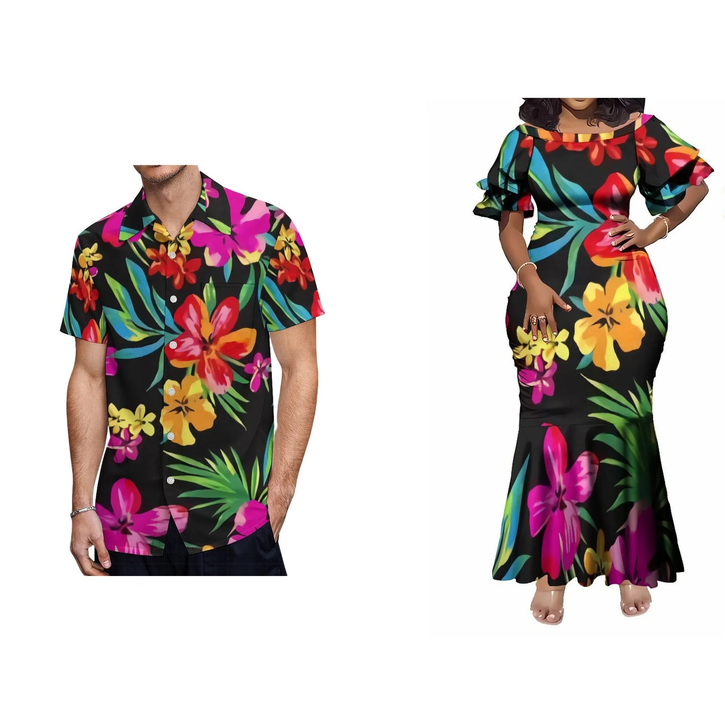 Flowers Pattern Polynesian Tribal Matching Couple Wear Fishtail Skirt Dress And Hawaii Shirt Party Dress Outfit