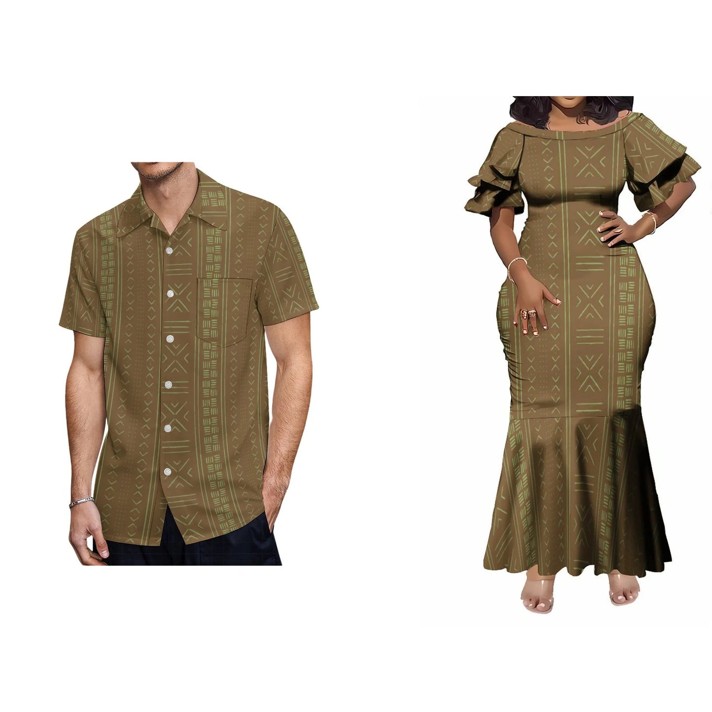 Vintage Pattern Polynesian Tribal Matching Couple Wear Fishtail Skirt Dress And Hawaii Shirt Party Dress Outfit