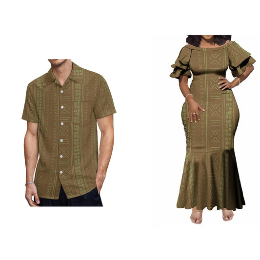 Vintage Pattern Polynesian Tribal Matching Couple Wear Fishtail Skirt Dress And Hawaii Shirt Party Dress Outfit