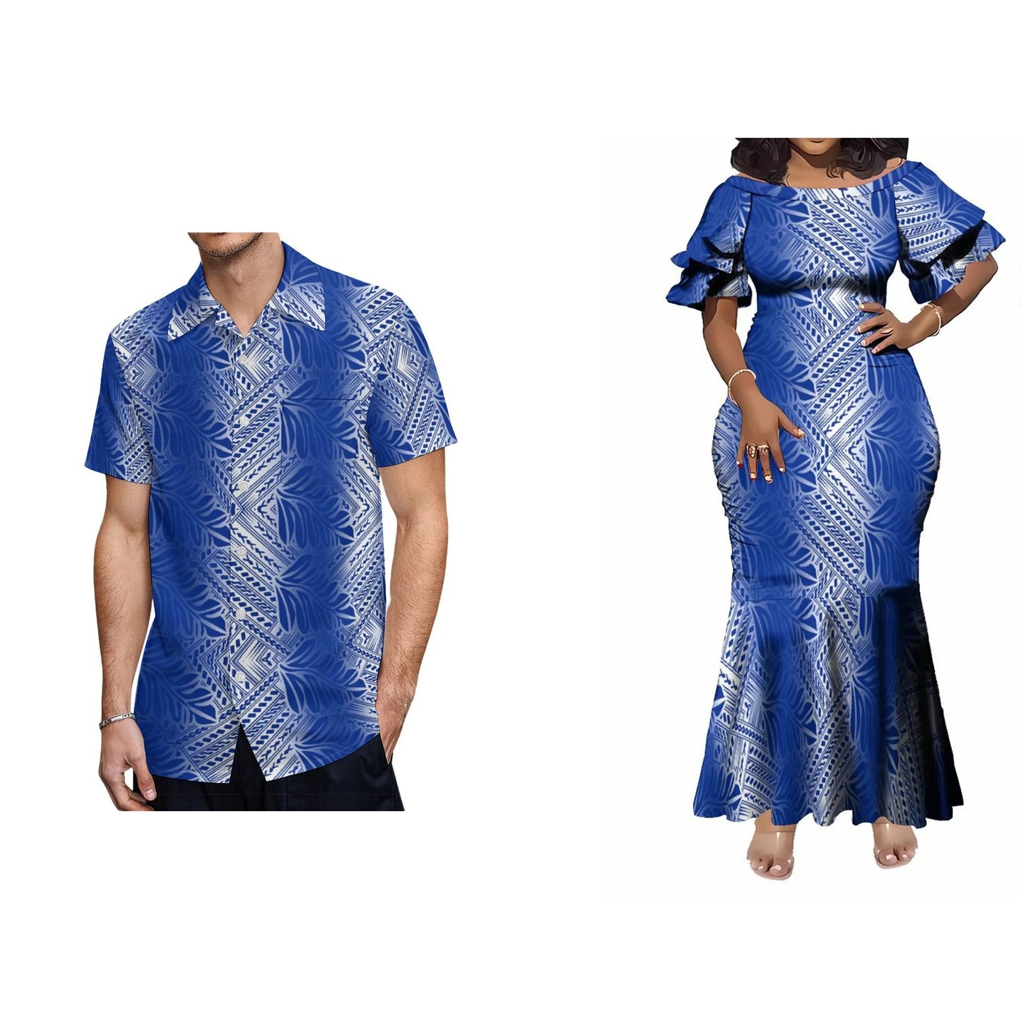 Tropical Polynesian Tribal Blue Matching Couple Wear Fishtail Skirt Dress And Hawaii Shirt Party Dress Outfit