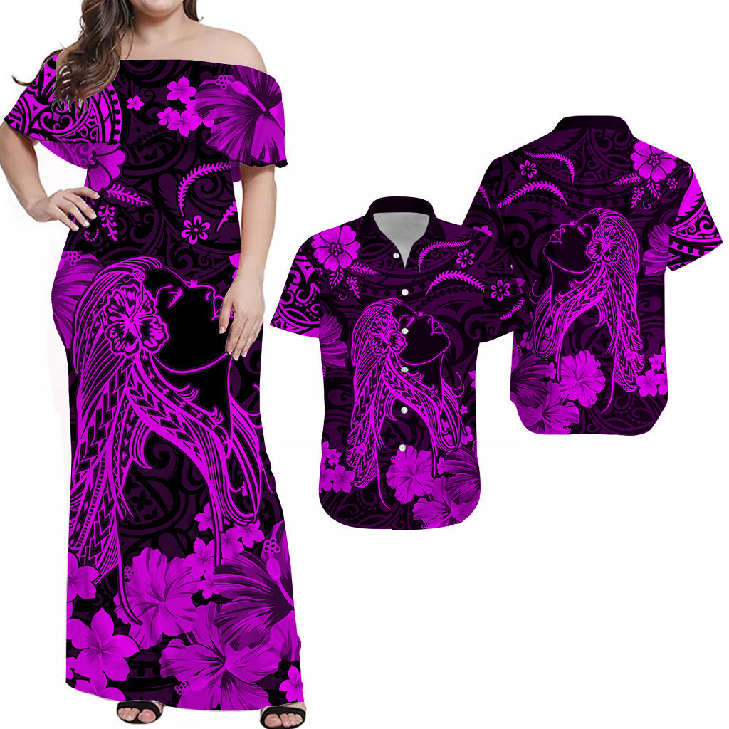 Hawaii Couple Outfits Hawaii Combo Dress and Hawaiian Shirt Polynesia Purple Beautiful Hula Girl