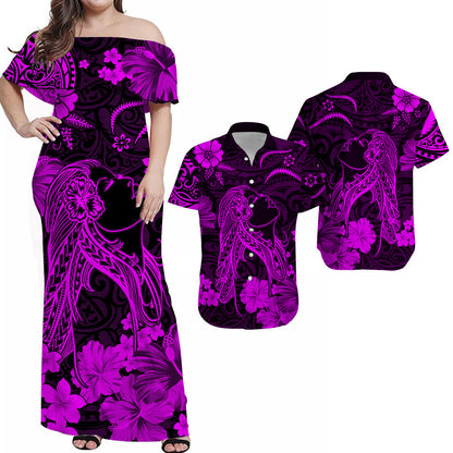 Hawaii Couple Outfits Hawaii Combo Dress and Hawaiian Shirt Polynesia Purple Beautiful Hula Girl