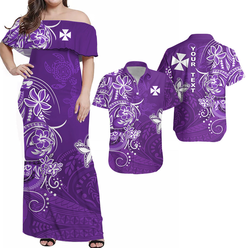 (Custom Personalised) Matching Outfits For Couples Wallis et Futuna Combo Dress and Hawaiian Shirt Polynesia Purple Sea Turtle and Flowers