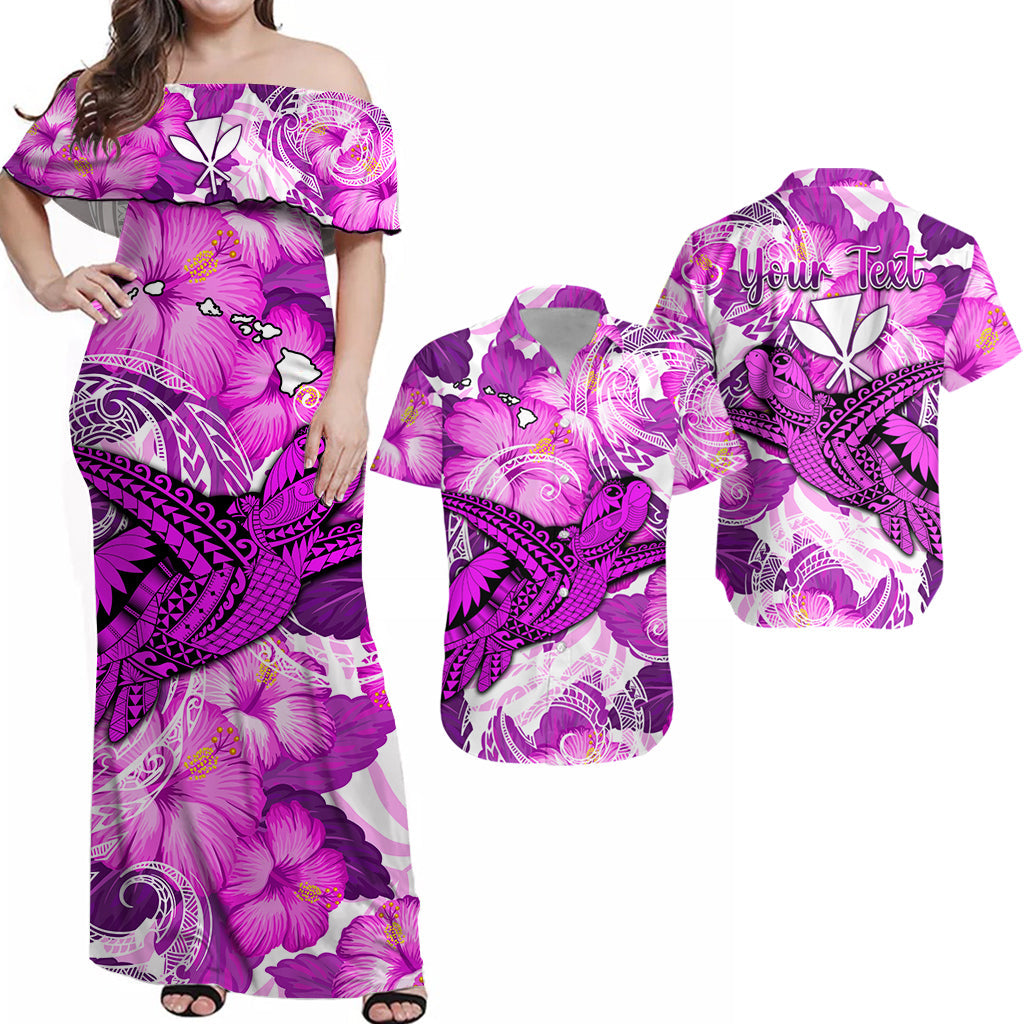(Custom Personalised) Hawaii Matching Outfit For Couple Combo Dress and Hawaiian Shirt Pink Polynesian Turtle and Hibiscus