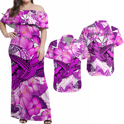 (Custom Personalised) Hawaii Matching Outfit For Couple Combo Dress and Hawaiian Shirt Pink Polynesian Turtle and Hibiscus