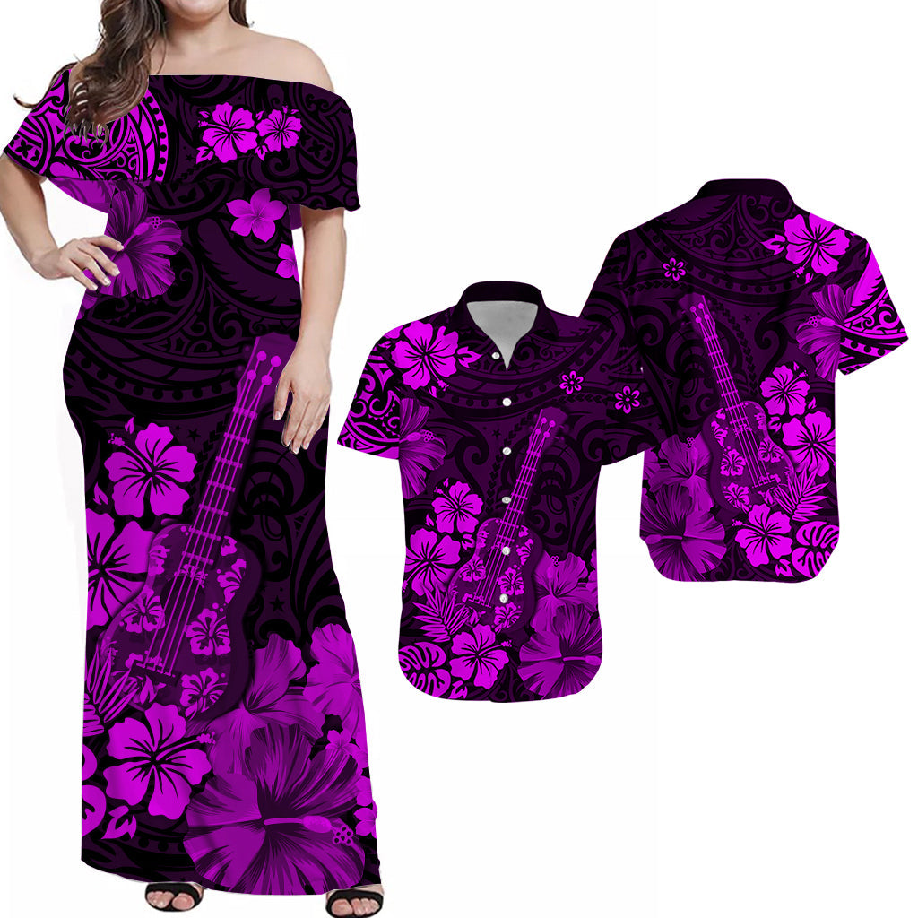 Hawaiian Matching Outfits For Couples Hawaii Combo Dress and Hawaiian Shirt Polynesia Purple Ukulele Flowers