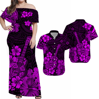 Hawaiian Matching Outfits For Couples Hawaii Combo Dress and Hawaiian Shirt Polynesia Purple Ukulele Flowers