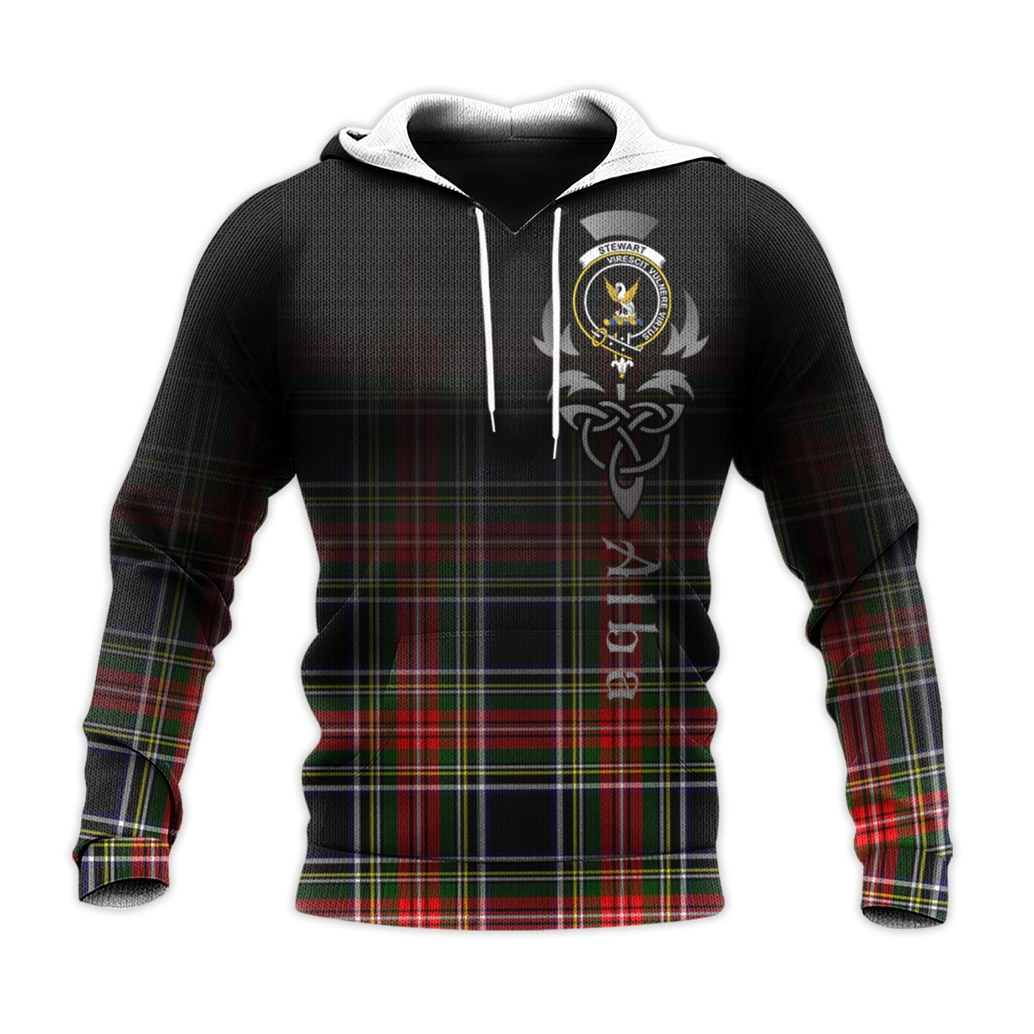 Printivon Stewart Black Tartan Crest Alba Celtic Hoodie