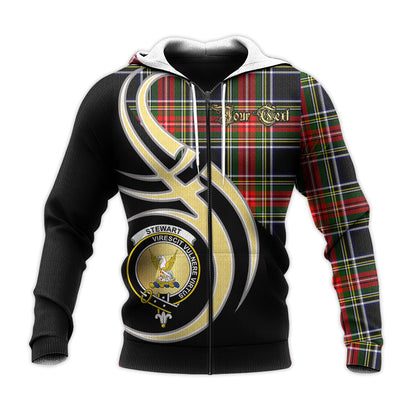 Printivon Stewart Black Clan Believe In Me Crest Tartan Knitted Hoodie Custom Your Text