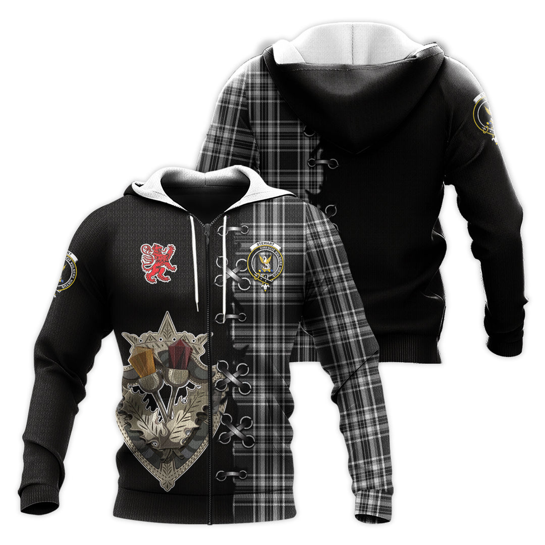 Printivon Stewart Black And White Tartan Hoodie Lion Rampant And Celtic Thistle Style