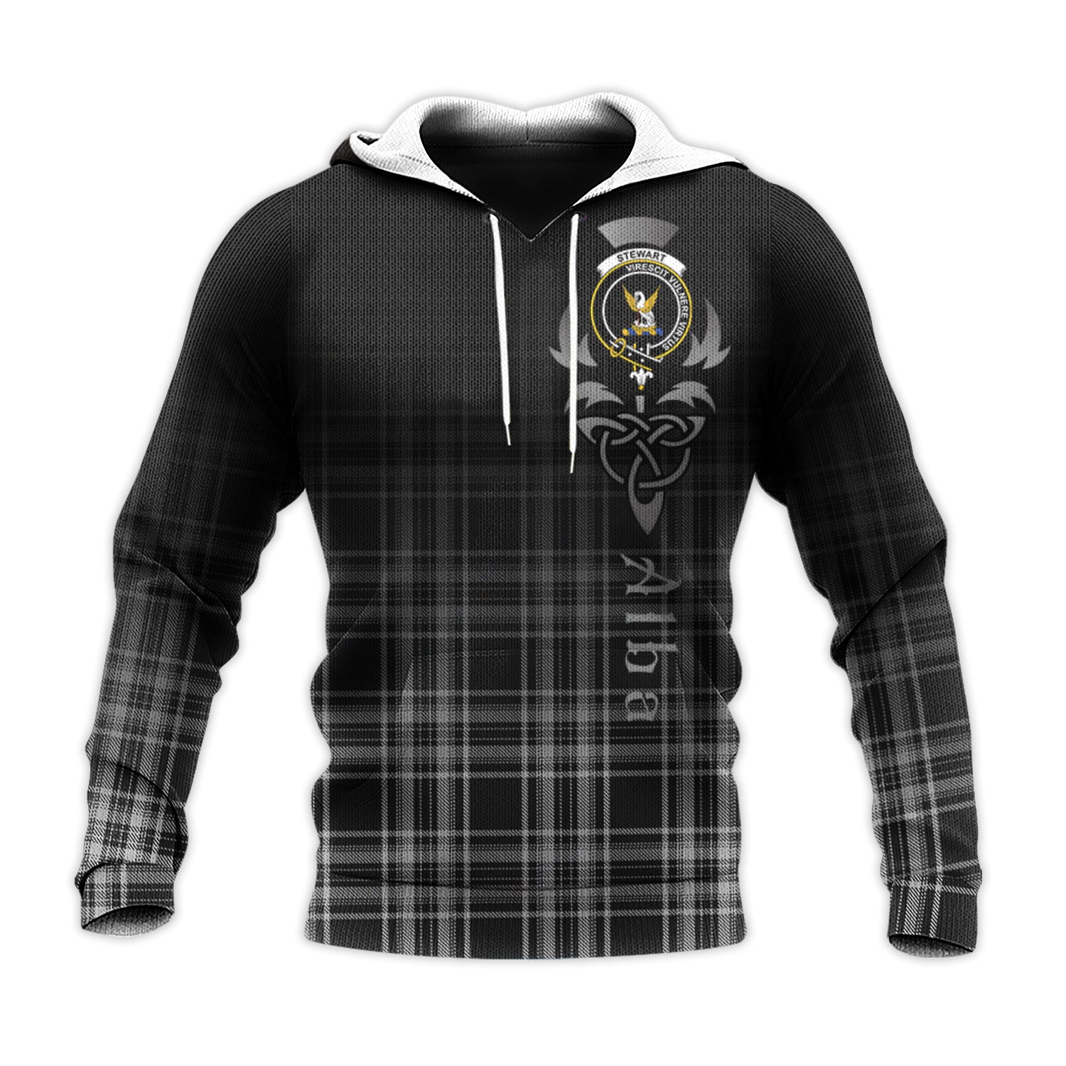 Printivon Stewart Black And White Tartan Crest Alba Celtic Hoodie