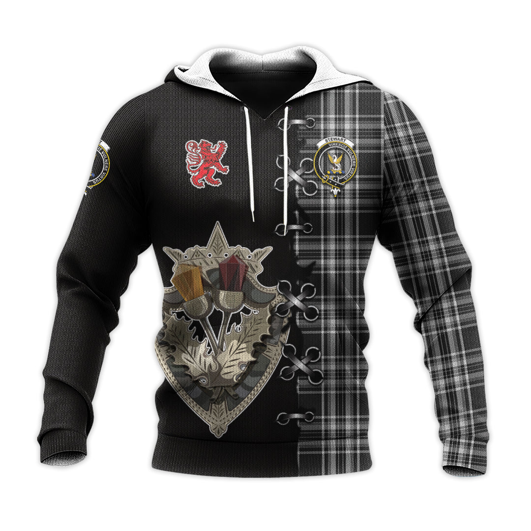 Printivon Stewart Black And White Tartan Hoodie Lion Rampant And Celtic Thistle Style